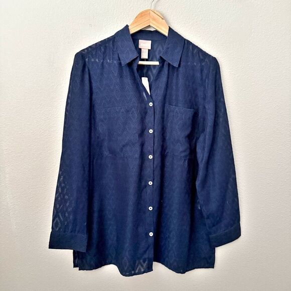 CHICO'S | Feminine Long Sleeve Pattern Button Front Midnight Blue Navy | 2 Large - Picture 1 of 5